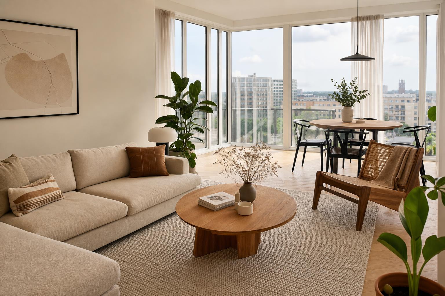 Bright modern Dutch apartment interior with large windows